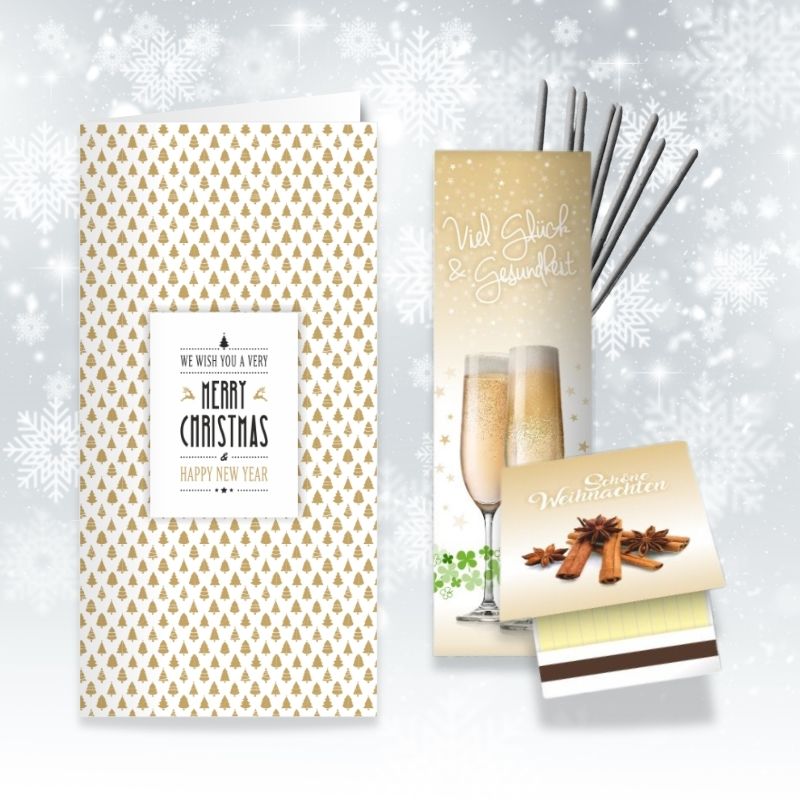 Weihnachtskarte Baumtapete mit Wunderkerze und Zündholzbriefchen im Set