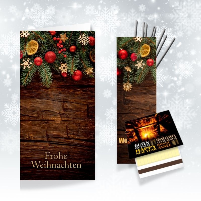 Weihnachtskarte Holzdekor mit Wunderkerze und Zündholzbriefchen im Set
