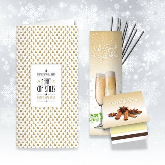 Weihnachtskarte Baumtapete mit Wunderkerze und Zündholzbriefchen im Set