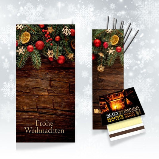 Weihnachtskarte Holzdekor mit Wunderkerze und Zündholzbriefchen im Set
