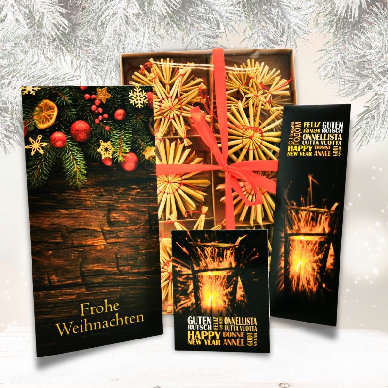 24er-Set Traditionelle Strohsterne mit Wunderkerzen und Karte