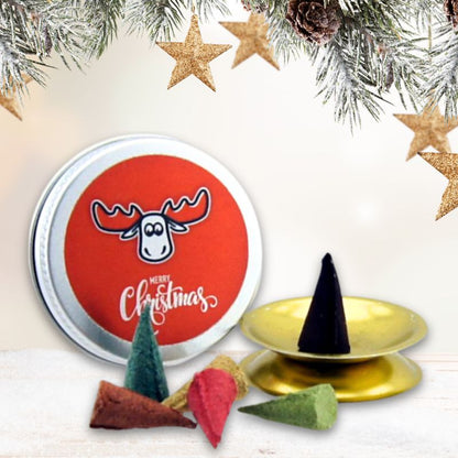 6er-Set Räucherkerzen in Dose mit Glimmschale - Motiv: Merry Christmas