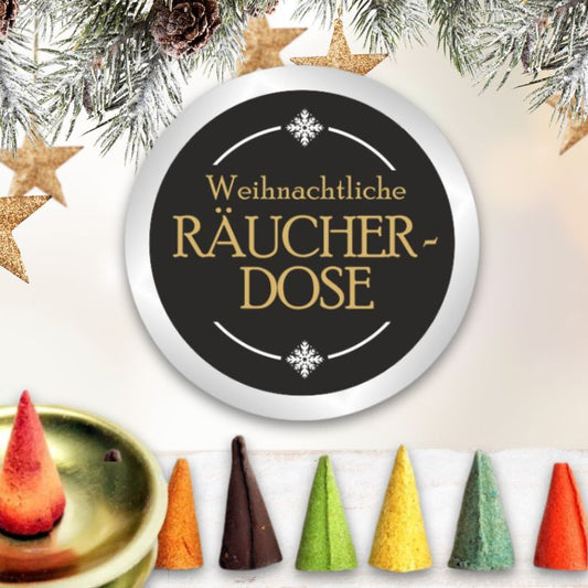 6er-Set Räucherkerzen in Dose mit Glimmschale - Spruch: Räucherdose