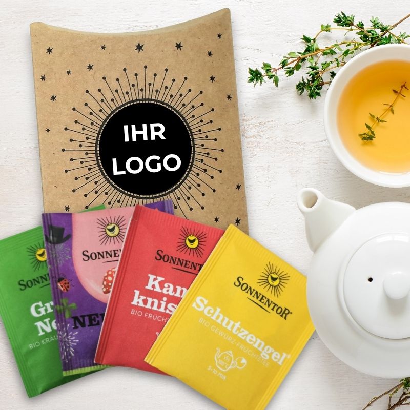 Weihnachtlich-winterliche Tee-Sets schön verpackt mit Ihrem Logo