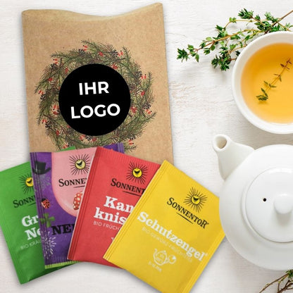 Weihnachtlich-winterliche Tee-Sets schön verpackt mit Ihrem Logo
