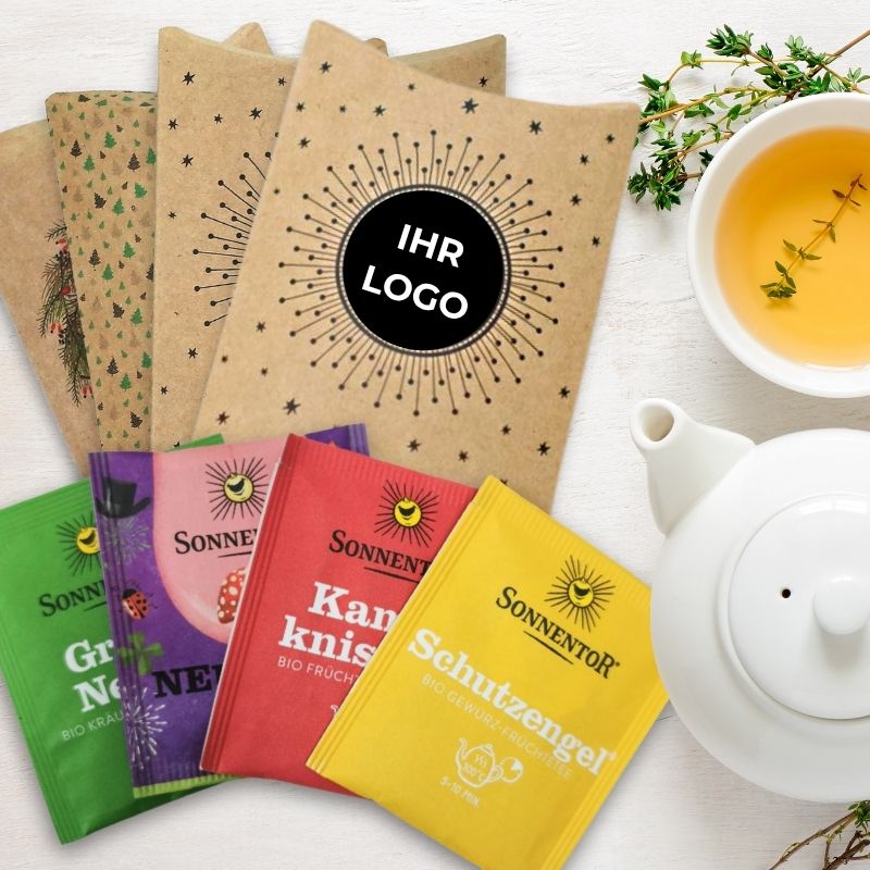 Weihnachtlich-winterliche Tee-Sets schön verpackt mit Ihrem Logo