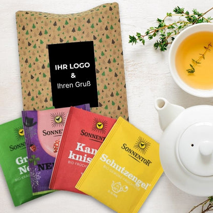 Weihnachtlich-winterliche Tee-Sets schön verpackt mit Ihrem Logo